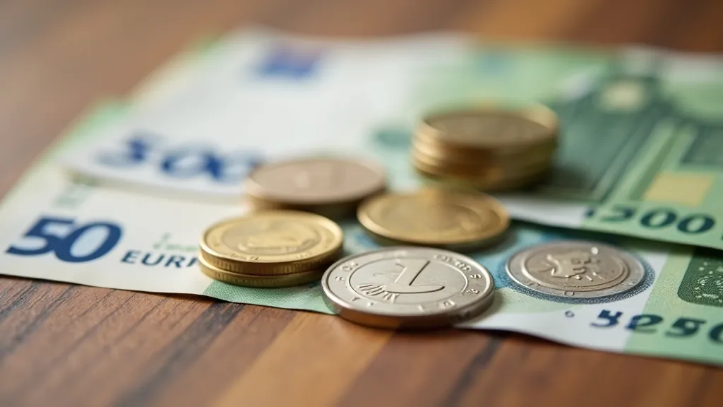 Eiro monētas un banknotes, skaista finanšu fotogrāfija, gaiši apgaismojums, dārgas naudas skaits