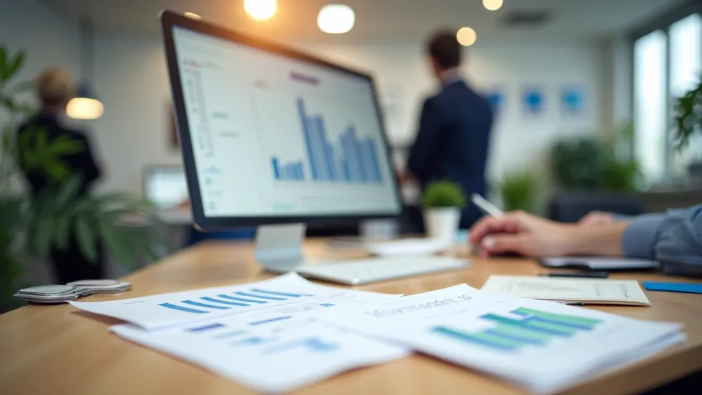 Datori un finanšu dati uz bankas biroja galda, minimālistisks interjers, skaidra dienas gaisma