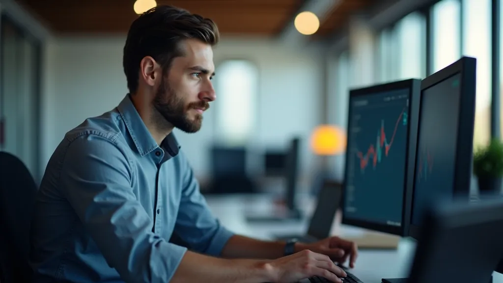 Programmētājs strādā ar kodu uz ekrāna, izstrādājot fintech risinājumu