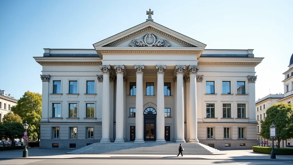 Latvijas Banka ēka ar eiro simbolu uz ielas, Rīga, Latvija, otrā puse no dienas