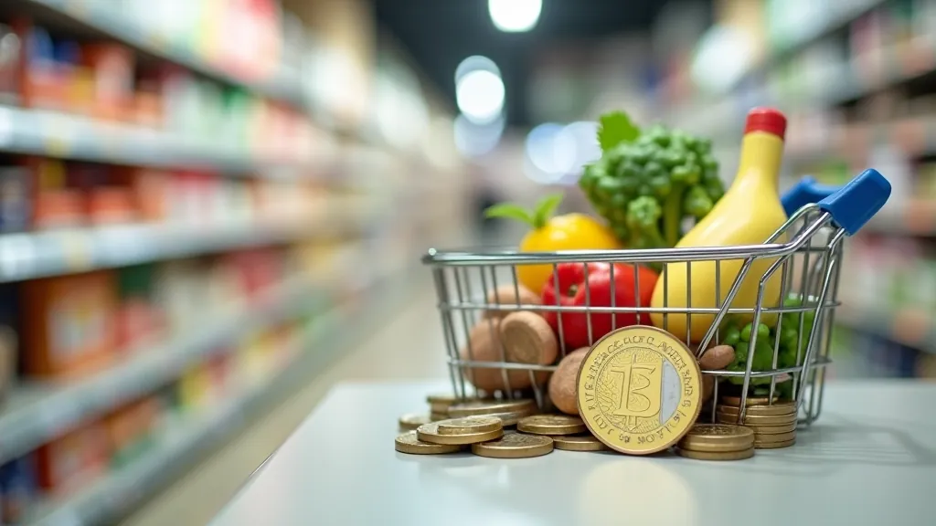 Iepirkumu soma ar pārtikas produktiem Latvijas veikalā, eiro monētas tuvplānā, skaidrs apgaismojums