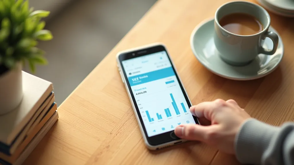 Smartphone ar mobilās bankas lietotni, modernus interjers, augšējais skats, asls fokuss
