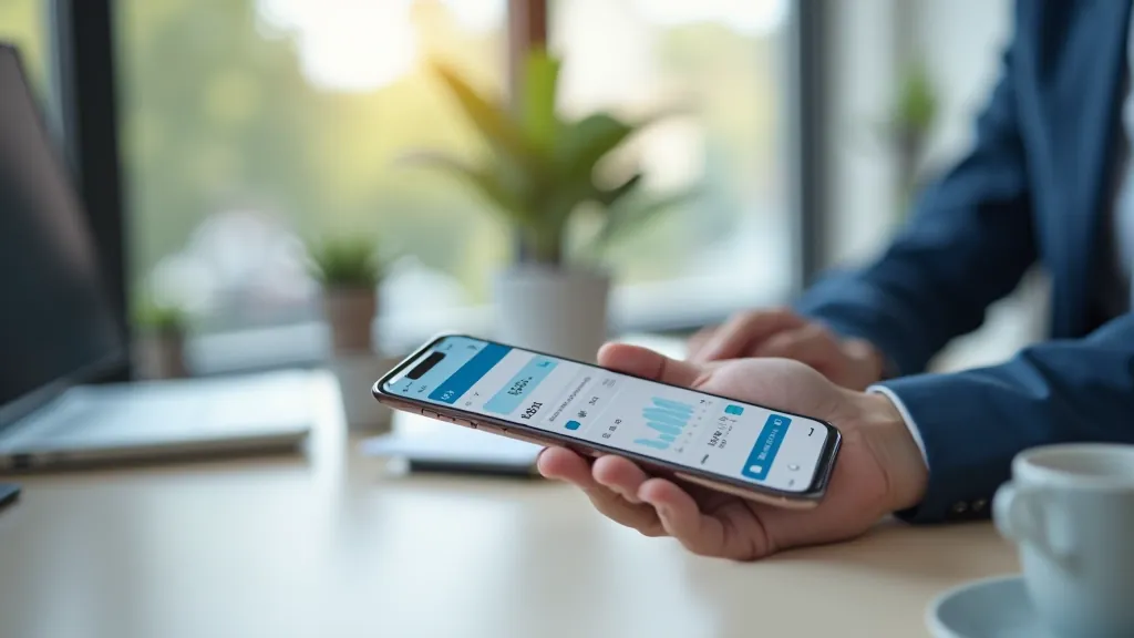 Smartphone ar mobilās bankas aplikāciju uz birojā ar klēpjdatoru