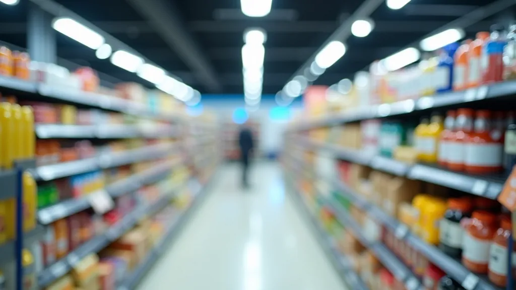 Pārraudzības punkts ar cenu etiķetēm uz produktiem supermarketā, rūpīgi izkārtoti produkti plauktos